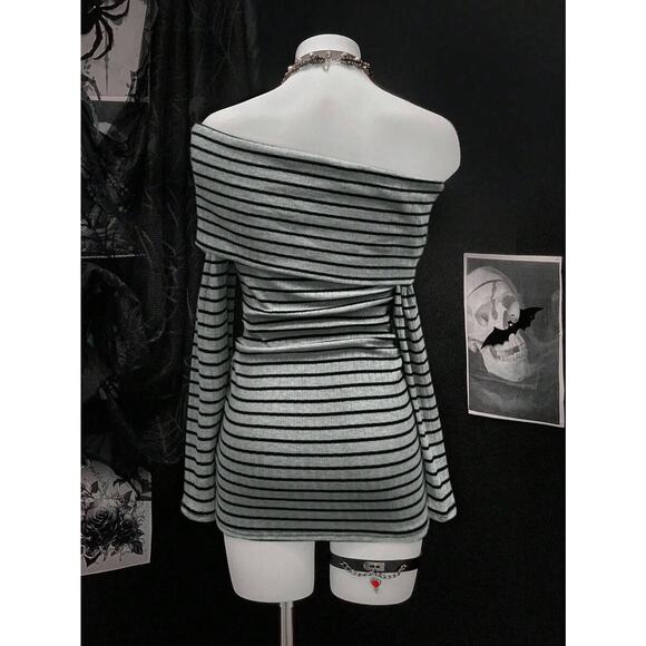 Emo Egirl E-girl Y2k Asymmetrical Off Shoulder Bodycon Gray Strip Dress M - Picture 2 of 5